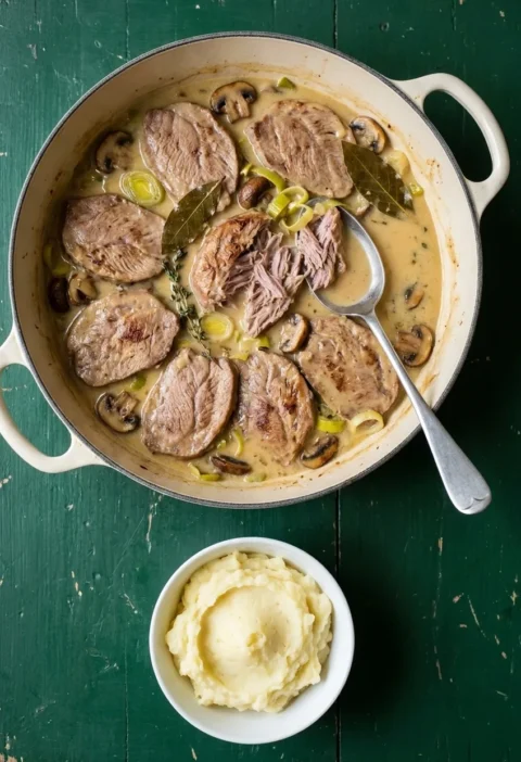 Braised pig cheeks in a creamy cider sauce with leeks, mushrooms, bay and thyme in a cream casserole dish, with a bowl of mashed potato