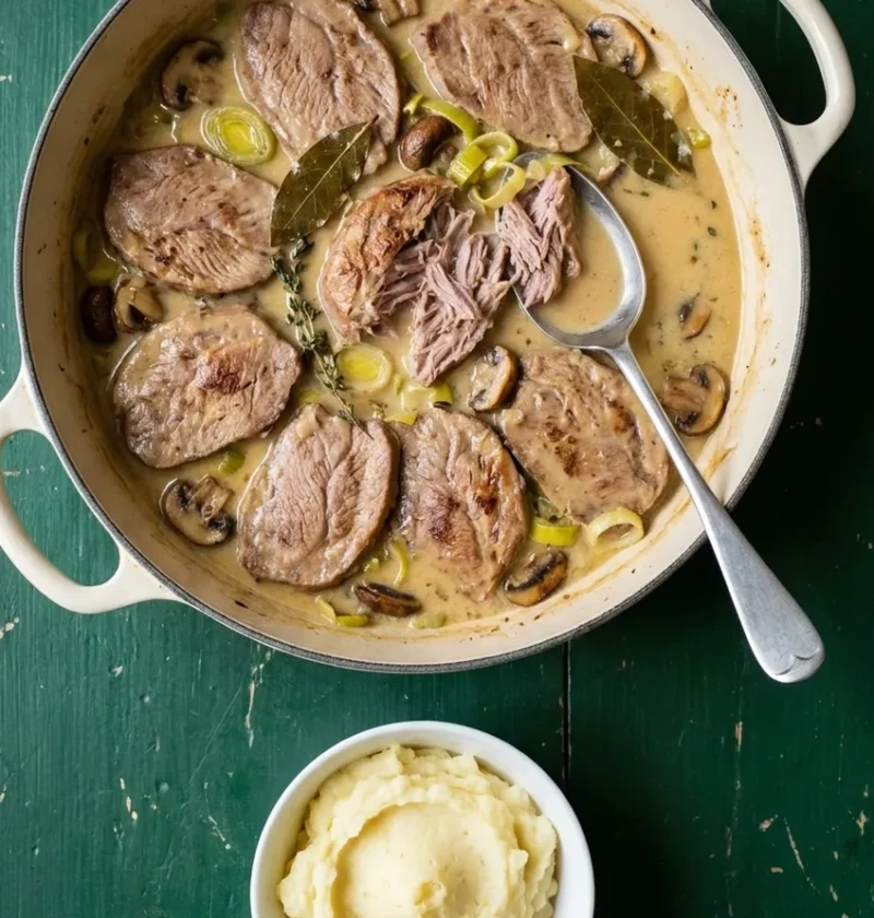 Braised pig cheeks in a creamy cider sauce with leeks, mushrooms, bay and thyme in a cream casserole dish, with a bowl of mashed potato