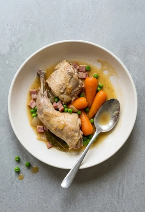 Bowl of rabbit stew with a rabbit leg, smoked bacon, Chantenay carrots and peas in a light cider gravy, with a spoon