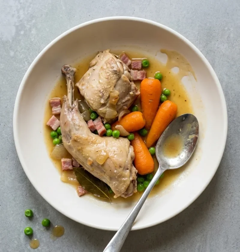Bowl of rabbit stew with a rabbit leg, smoked bacon, Chantenay carrots and peas in a light cider gravy, with a spoon