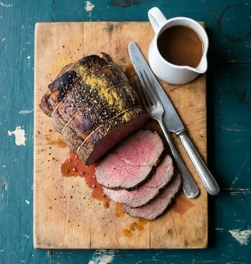 Hairy Bikers roast beef topside with a black pepper and mustard crust, carved into pink medium rare slices on a wooden board with a jug of gravy