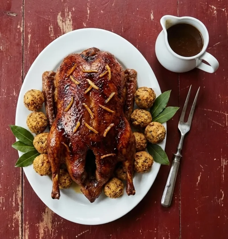 Hairy Bikers roast goose with a glossy stem ginger glaze on a white platter, surrounded by sausage and ginger stuffing balls and bay leaves, with a jug of gravy