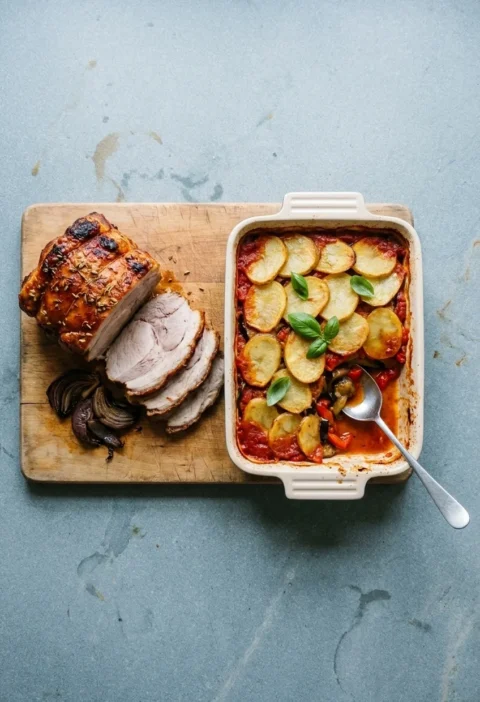 Sliced spiced roast pork shoulder on a wooden board next to a dish of tumbet topped with potato slices and basil