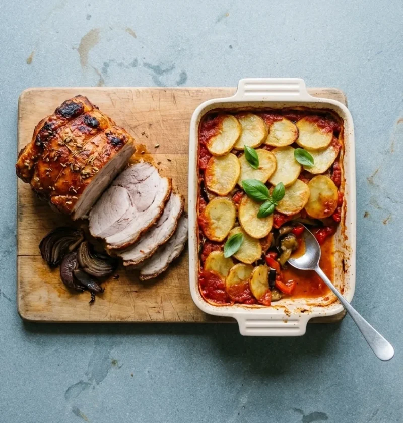 Sliced spiced roast pork shoulder on a wooden board next to a dish of tumbet topped with potato slices and basil