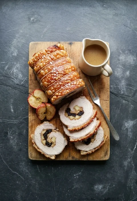 A rolled roast pork loin with golden crackling on a wooden board, sliced to show prune and apple stuffing, with roast apple halves and a jug of cider gravy