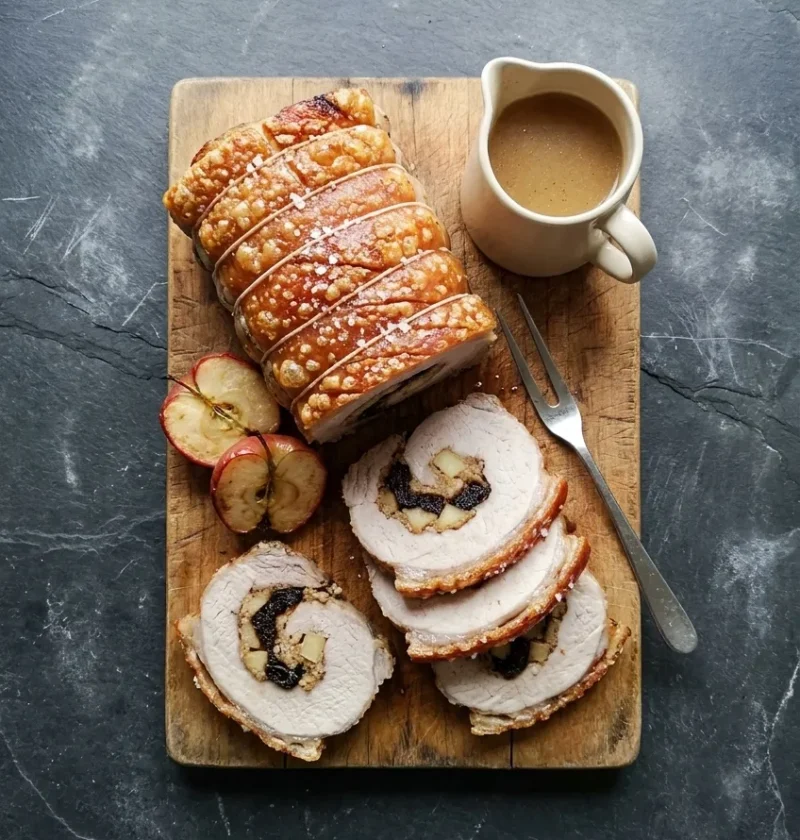A rolled roast pork loin with golden crackling on a wooden board, sliced to show prune and apple stuffing, with roast apple halves and a jug of cider gravy