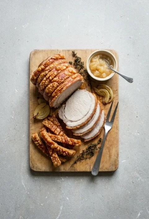 Sliced roast pork with strips of crackling on a wooden board, with roasted onion, thyme and a small dish of apple sauce