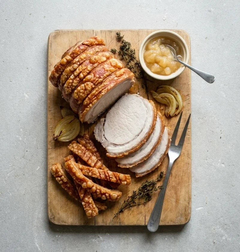 Sliced roast pork with strips of crackling on a wooden board, with roasted onion, thyme and a small dish of apple sauce