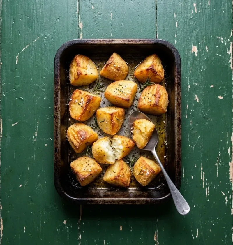 Golden roast potatoes in an old roasting tin, one broken open to show the fluffy inside, with a spoon resting in the tin