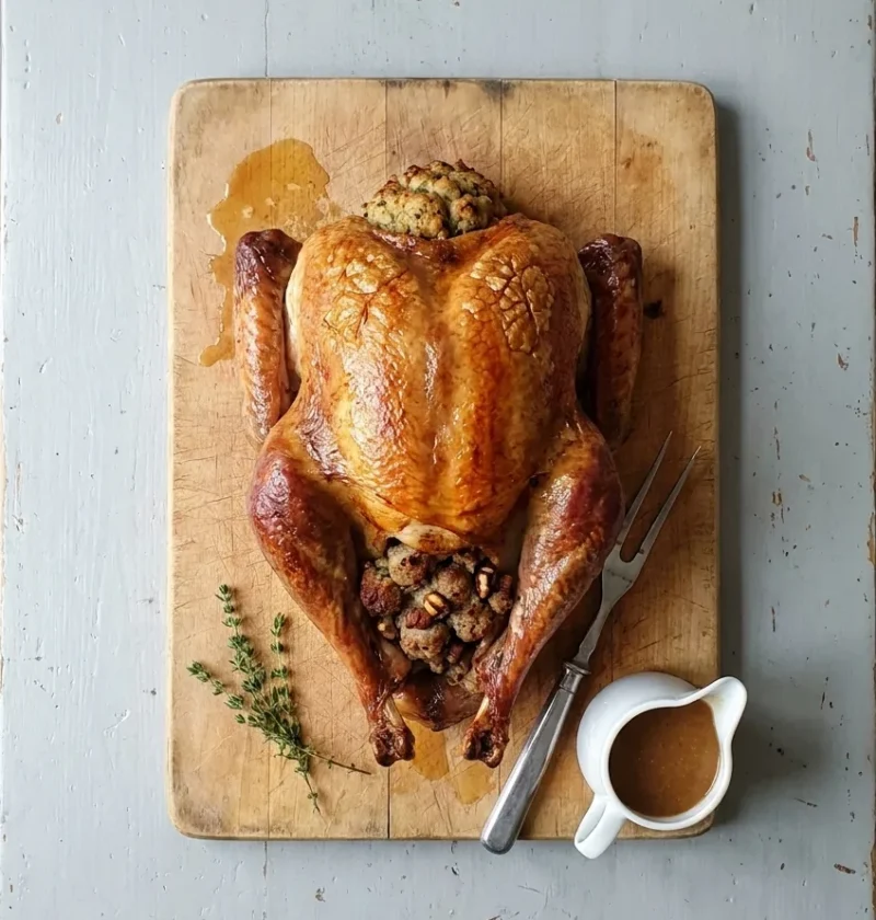 Whole roast turkey with golden buttered skin on a wooden carving board, with stuffing, a carving fork and a jug of gravy