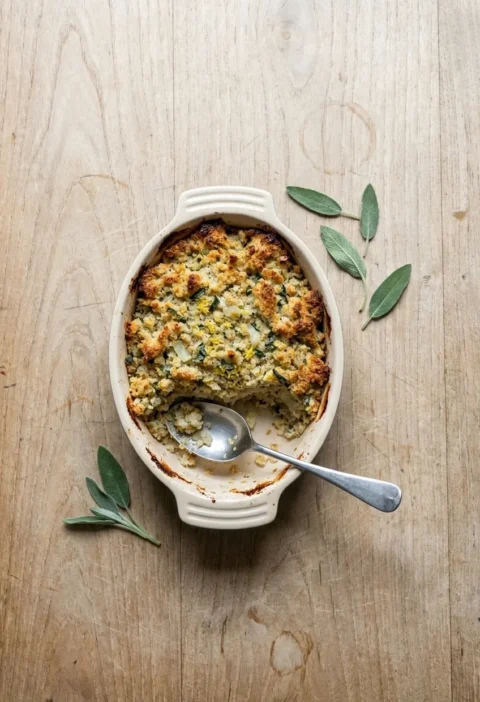 A small oval dish of baked sage and onion stuffing with a golden crisp top, one spoonful scooped out, beside a few fresh sage leaves