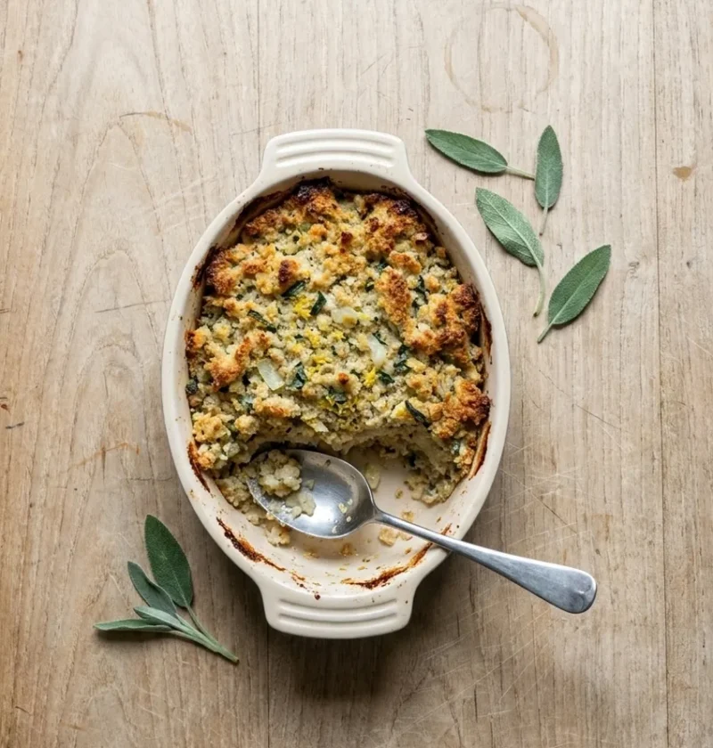 A small oval dish of baked sage and onion stuffing with a golden crisp top, one spoonful scooped out, beside a few fresh sage leaves