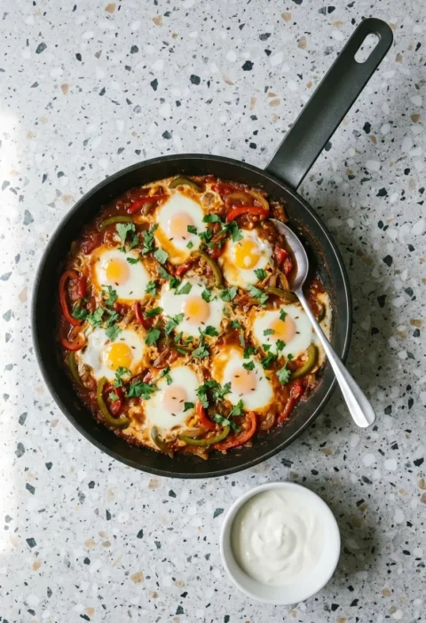 Shakshuka in a frying pan with eight runny-yolked eggs in a red and green pepper tomato sauce, scattered with coriander and parsley, with a bowl of yoghurt