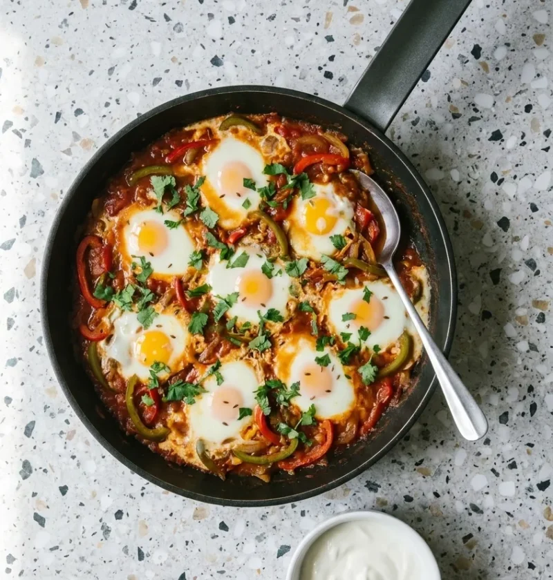 Shakshuka in a frying pan with eight runny-yolked eggs in a red and green pepper tomato sauce, scattered with coriander and parsley, with a bowl of yoghurt
