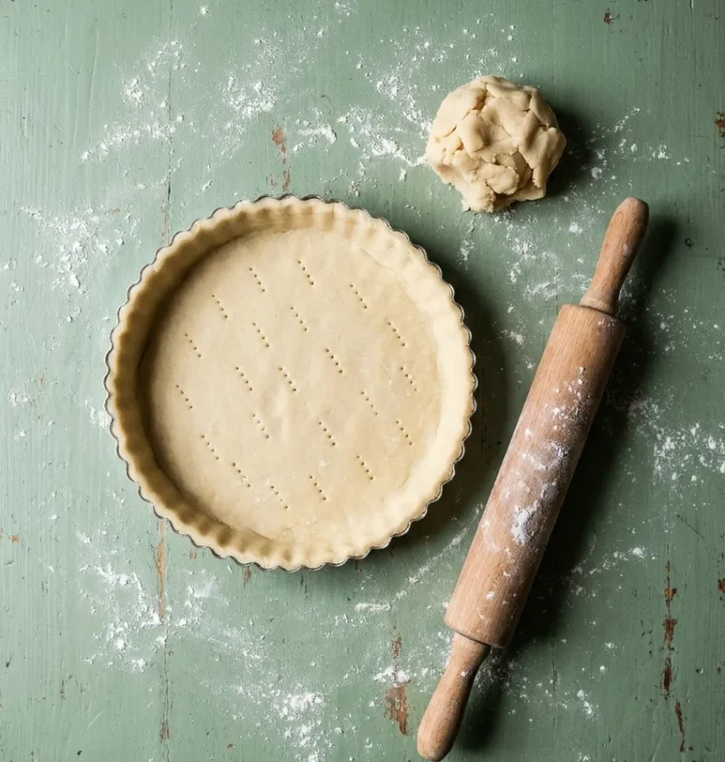 A fluted tart tin lined with raw shortcrust pastry, with a ball of pastry trimmings and a floury rolling pin on a green table