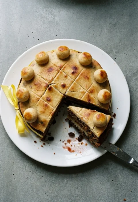 A homemade simnel cake with a toasted marzipan top and marzipan balls, a slice cut to show fruit cake with a marzipan layer, tied with a yellow ribbon