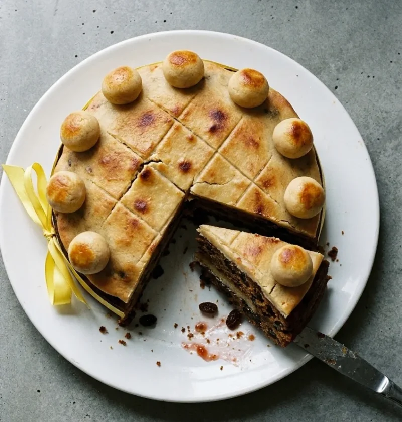 A homemade simnel cake with a toasted marzipan top and marzipan balls, a slice cut to show fruit cake with a marzipan layer, tied with a yellow ribbon