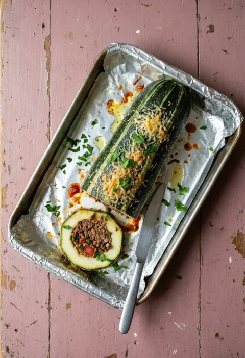 A whole stuffed marrow with a browned cheese crust in a foil-lined tin, with one thick slice cut to show the beef mince and tomato filling