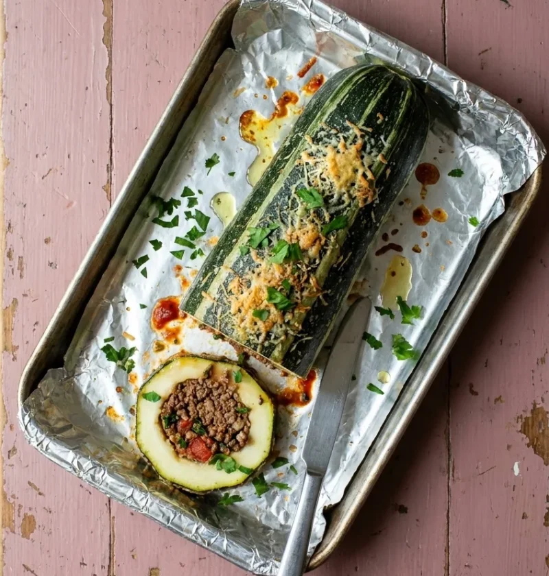 A whole stuffed marrow with a browned cheese crust in a foil-lined tin, with one thick slice cut to show the beef mince and tomato filling