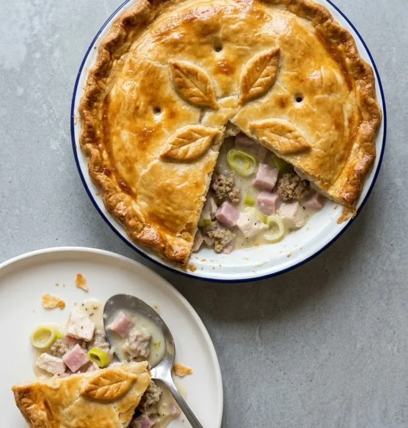 Golden turkey and ham pie with pastry leaves in an enamel dish, with a slice on a plate showing turkey, ham, leeks and stuffing in a creamy sauce