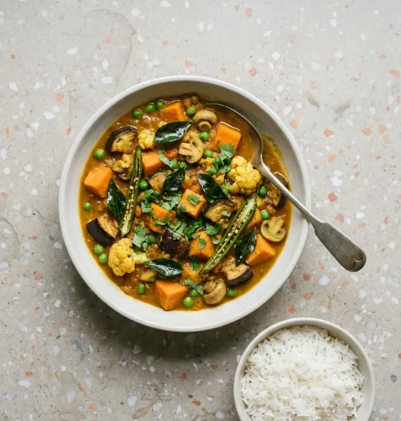 A bowl of vegetable curry with sweet potato, aubergine, mushrooms, cauliflower, peas, curry leaves and split green chillies, with a small bowl of basmati rice