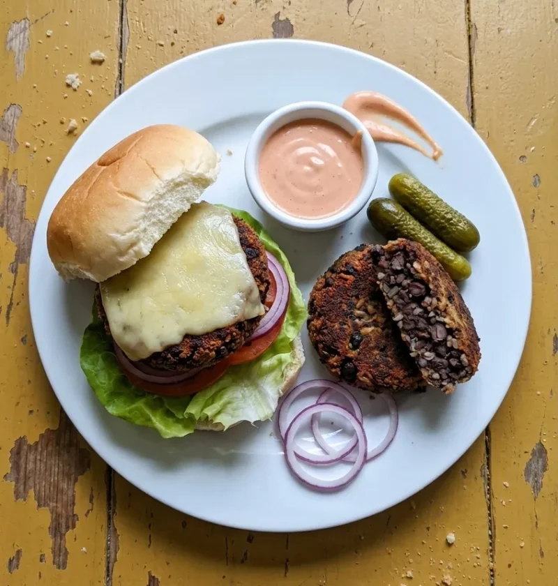 Black bean veggie burger with melted cheese, a halved bean patty, gherkins and a ramekin of burger sauce on a white plate, on a worn yellow table