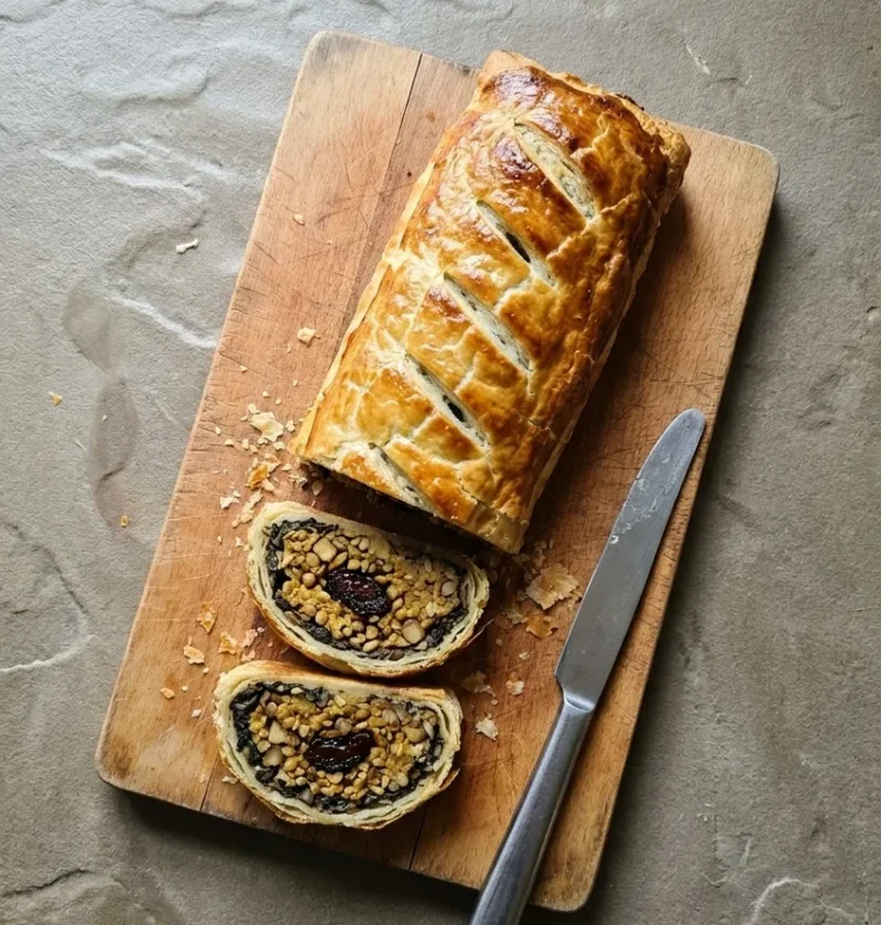 Golden veggie Wellington on a wooden board with two slices cut, showing mushroom and spinach around a chestnut and lentil filling with a prune