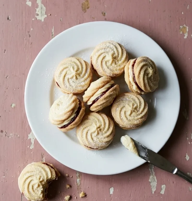 Viennese whirls sandwiched with buttercream and cherry jam on a white plate, one with a bite taken out beside it
