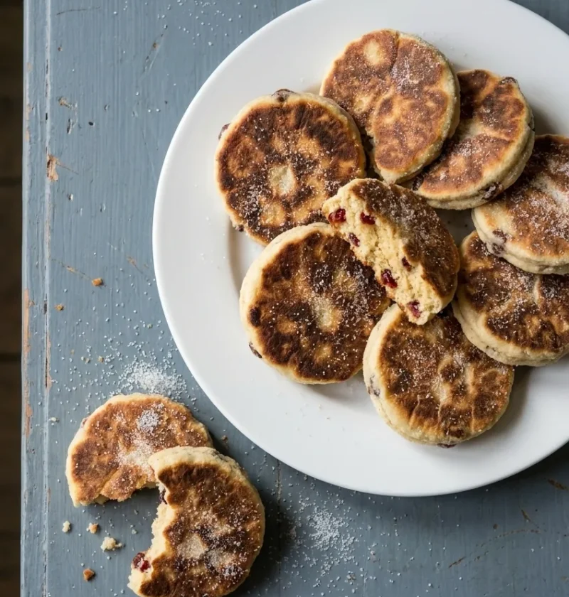 Sugar-coated Welsh cakes piled on a white plate, one broken open to show dried cherry pieces, on a blue-grey painted table